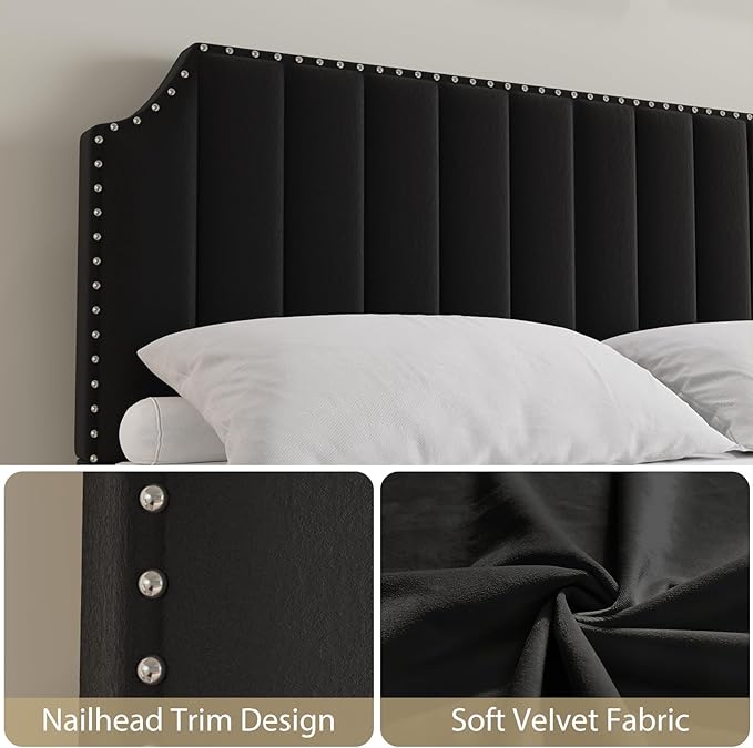 GarveeHome Queen Size Velvet Bed Frame, 50.2" Tall Headboard & Footboard, Upholstered Platform Queen Bed Frame with Nailhead Trim, No Box Spring Needed, Noise Free, Solid Wooden Slats, Black