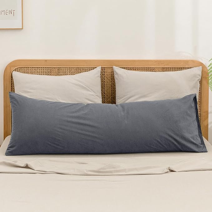 BESTOUCH 100% Washed Cotton Pillowcase for Hair and Skin Linen Feel Soft Comfortable Breathable 1 Pcs Pillow Case with Envelope Closure Solid Quiet Shade Grey Body 20x54 Inches