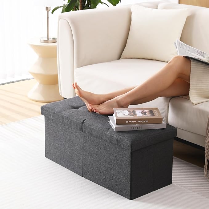 Storage Ottoman Bench Foldable Seat Footrest Shoe Bench End of Bed Storage with Flipping Lid, 75L Storage Space, 30 inches Linen Fabric Black