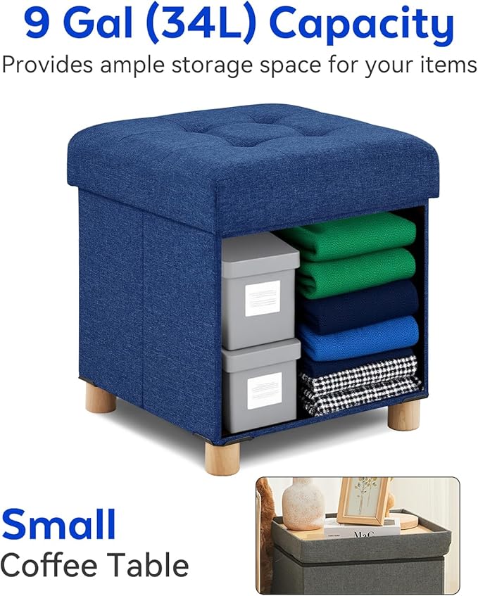 BRIAN & DANY Ottoman with Storage, Square Small Storage Ottoman Foot Rest with Legs, Ottomans Foot Stool for Dorm, Living Room, Entryway 14.8"x14.8"x17.8" (Blue)