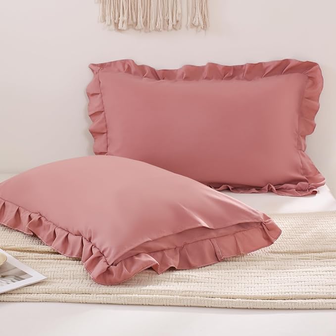 Merryword Pink Mocha Pillowcases King Pillowcases Ruffled Pillow Shams Set of 2 Cute Pillowcases Solid Ruffled Fringe Design Pink Shabby Chic Pillowcases 2 Pack (King (20''x36''), Pink Mocha)