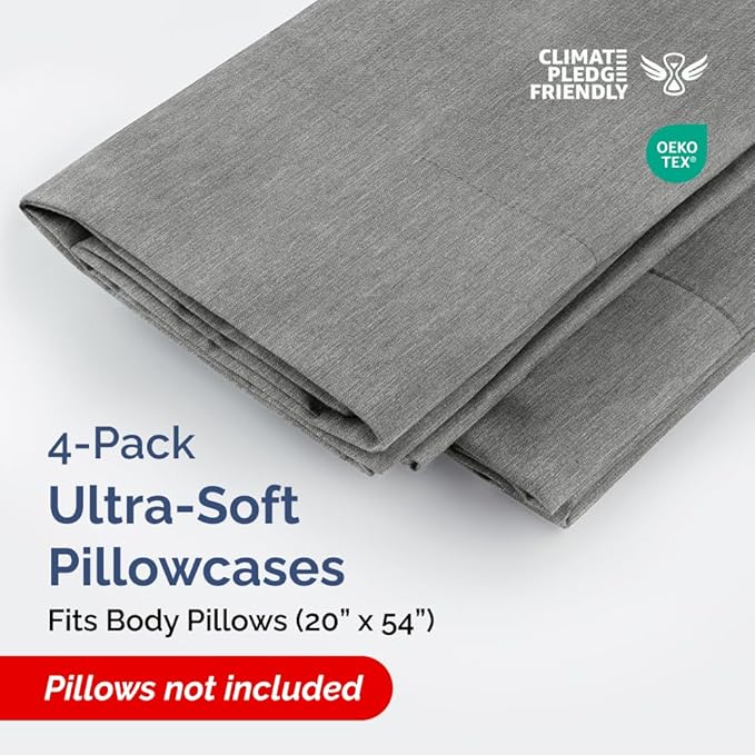 Body Pillowcases Set of 4-20x54 Long Body Pillow Case - Soft Body Pillow Cover for Sleeping & Side Sleepers - Comfy Breathable & Fade Free - Machine Washable w/Envelope Enclosure - (Heathered Grey)