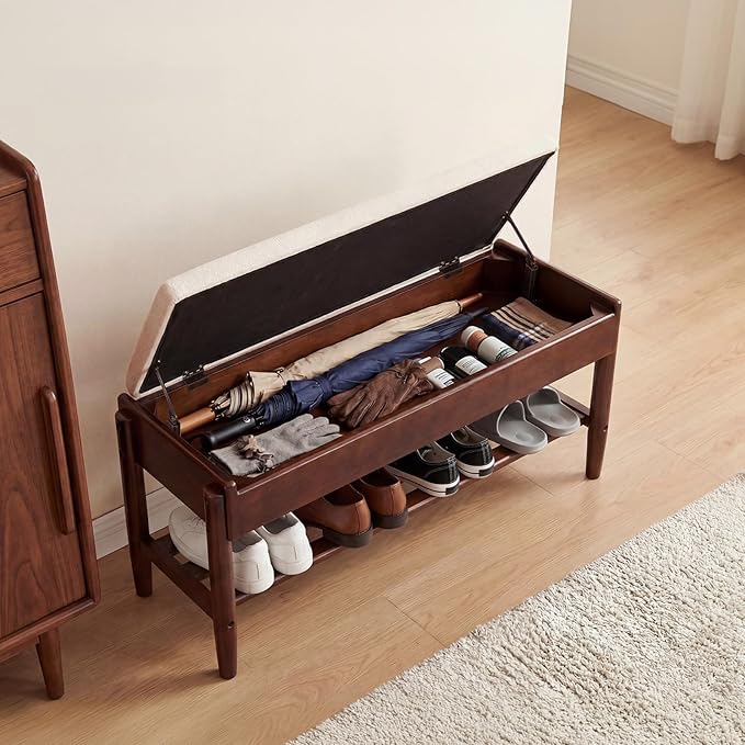 YEPDIN 39.3" Solid Wood Shoe Rack Bench with Flip-Top Storage,2 Tier Shoe Rack Bench with Chenille Cushion,for Entryway, Hallway,Living Room, Bedroom, Closet