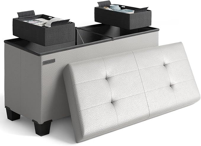 Storage Ottoman Bench with Bins, 30-in Storage Bench for Bedroom End of Bed, Folding Foot Rest Ottoman for Living Room Max 660lbs, Leather Ottomans, Light Grey