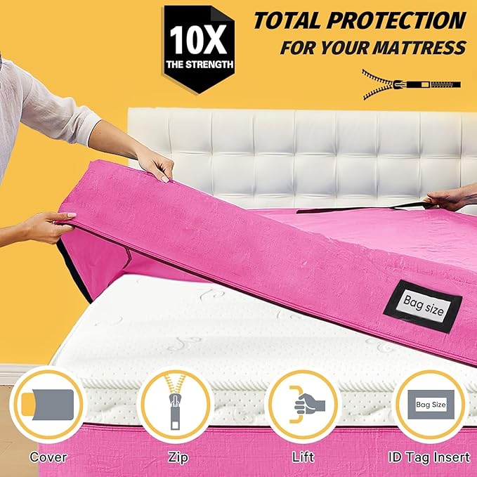 Mattress Bags for Moving and Storage, BETU Queen Mattress Protector Waterproof Mattress Cover with 8 Heavy Duty Handles and Zipper Extra Thick Moving Supplies for Bed Reusable (82x62x13.5 Pink)