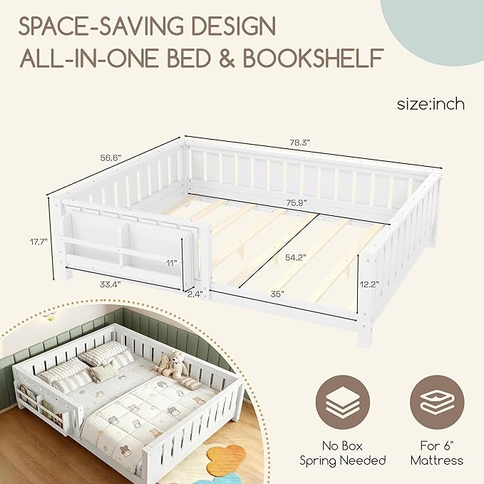 Bellemave Full Size Floor Bed Frame with Fence & Bookshelf, Solid Pinewood Montessori Floor Bed Full with Slats Load 450LBS, Low Profile Floor Bed for Kids, Nursery, Bedroom, Easy Assembly, White