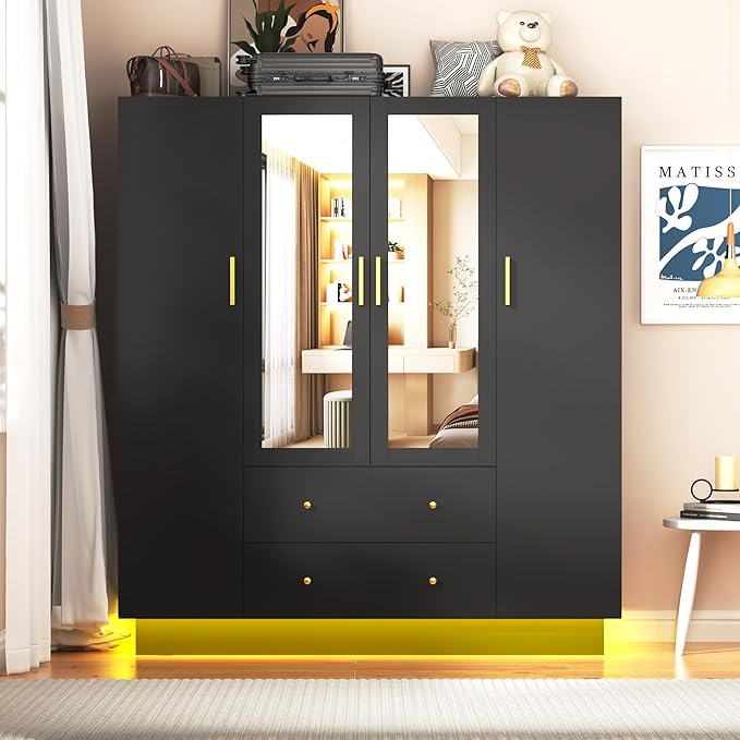 chartustriable 4 Doors Armoire Wardrobe Closet with Mirror, LED Armoire with Doors and Drawers, Wooden Wardrobe Storage Cabinet with Hanging Rod, Adjustable Shelves, Black