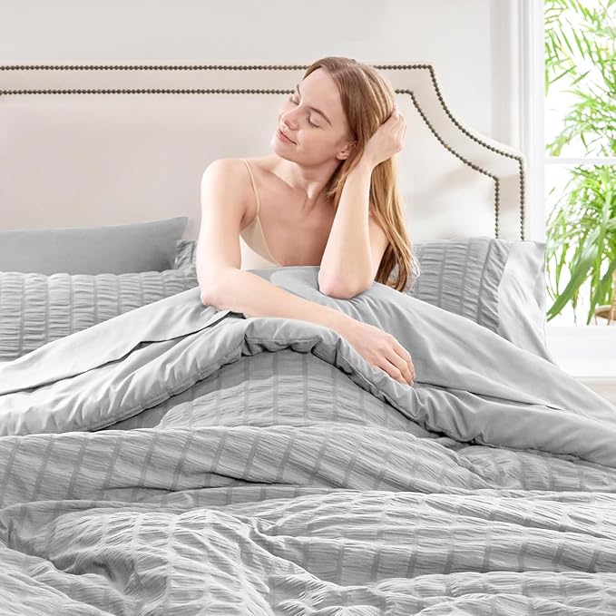 CozyLux Twin XL Comforter Set with Sheets Seersucker Light Grey 5 Pieces Bed in a Bag, Light Gray Twin Extra Long Bedding Sets College Dorm with Down Alternative Comforter, Sheets, Pillowcase & Sham