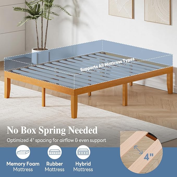 DUMOS Queen Solid Bed Frame Wood 16 Inches, Sturdy Platform Bed with Heavy Duty Wood Slat Support, No Box Spring Needed, Easy Assembly, Natural Pine