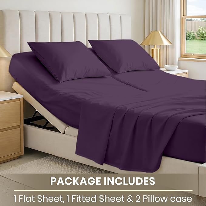 SGI bedding 32" Queen Split Top Flex Head Sheet 100% Egyptian Cotton 1000 Thread Count Flex Top Sheet for Adjustable Bed 4Pc Sheet Set 15" Deep Pocket for Sleep Number Bed - Plum