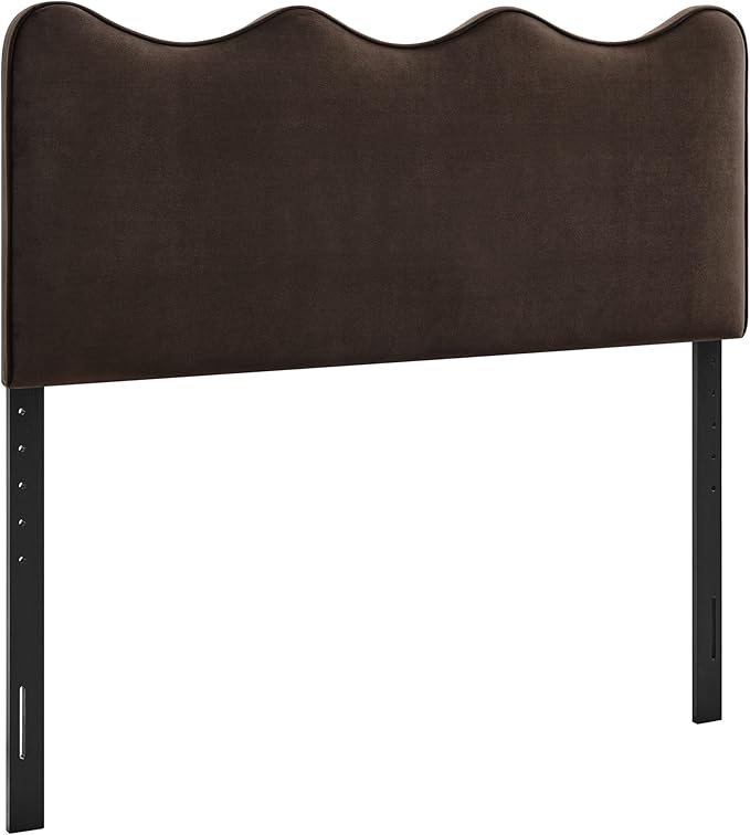 Monday Athena Queen Size Performance Velvet Adjustable Headboard in Chocolate Brown - with Scalloped Wave Design and Stain-Resistant Velvet Upholstery