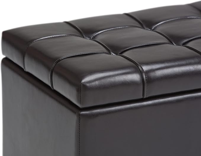 SIMPLIHOME Sienna Storage Ottoman Bench - 33 inch Wide Upholstered Vegan Leather Rectangle Storage Ottoman Bench in Chocolate Brown, Transitional Tufted Ottoman for Living Room with Lift Top