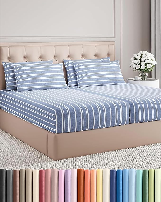 Split King 7 Piece Sheet Set - Comfy, Breathable & Cooling - Hotel Luxury Bedding for Women, Men, Kids, Teens and Children - 1 Flat & 2 Fitted Sheets & 4 Pillowcases w/ Deep Pockets - Blue Stripes 3