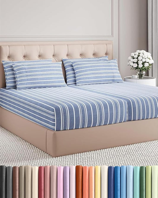 Split King 7 Piece Sheet Set - Comfy, Breathable & Cooling - Hotel Luxury Bedding for Women, Men, Kids, Teens and Children - 1 Flat & 2 Fitted Sheets & 4 Pillowcases w/ Deep Pockets - Blue Stripes 3