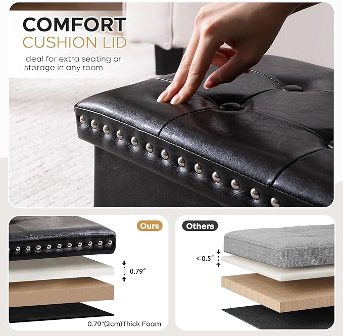oakvivo Folding Storage Ottoman Bench 30in, Leather Foot Rest Stools Ottoman with Storage, Coffee Table, End of Bed Bench Footstool for Living Room, Bedroom, Load 330 lb, 30x15x15 inches, Black
