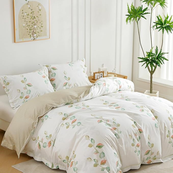 OAITE Duvet Cover Set Queen Size Floral Pattern Ultra Soft 100% Cotton Duvet Cover Sets 3-PC, Breathable Duvet Cover with Zipper Closure & Corner Ties(2 Pillow Shams,1 Duvet Cover)
