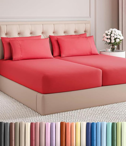 Split King 7 Piece Sheet Set - Comfy, Breathable & Cooling - Hotel Luxury Bedding for Women, Men, Kids, Teens & Children - 1 Flat & 2 Fitted Sheets & 4 Pillowcases w/ Deep Pockets - Wrinkle Free - Red