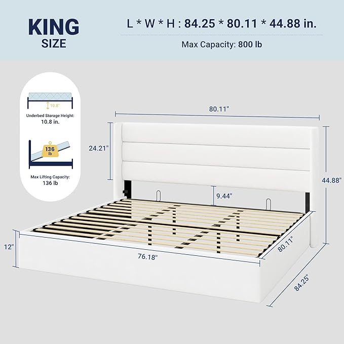 Allewie King Size Velvet Lift Up Storage Bed, Modern Wingback Headboard, Hydraulic Support, No Box Spring Needed, White