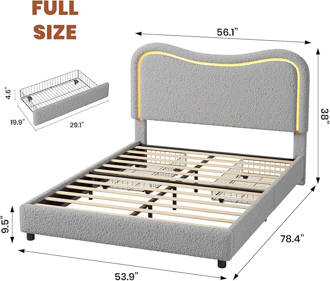 GarveeHome LED Full Size Bed Frame with 2 Drawers and Headboard, Cute Upholstered Bed with Storage, Sturdy Platform Bed, No Box Spring Needed, Wooden Slats, Noise Free, Grey