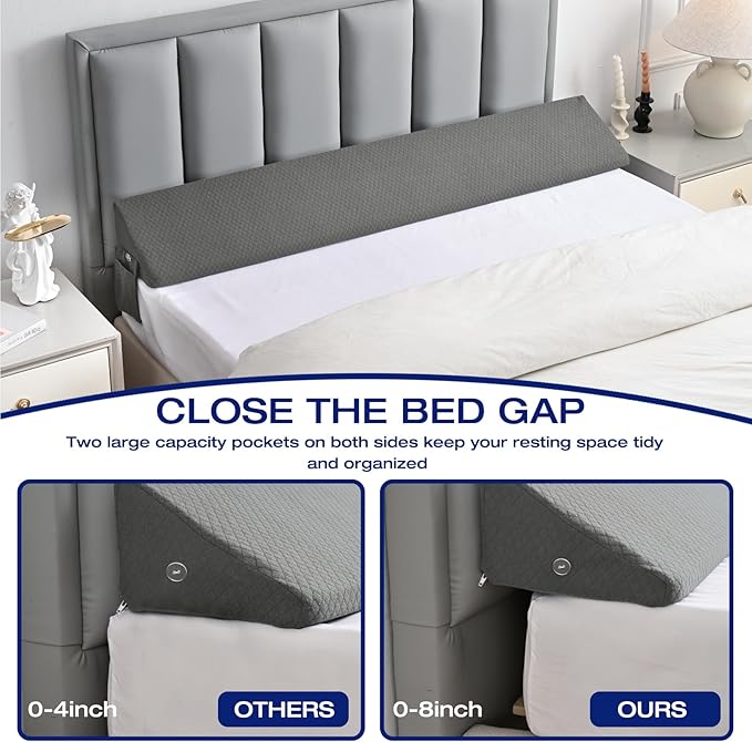Twin Bed Wedge Pillow for Headboard Gap Filler Pillows Plus (0-8")Gap Filler Between Corner Wall and Mattress/Frame for College Dorm,Sleep,Backrest Light Grey,Rent,Home,Bedroom Decor Bedding Stuffing