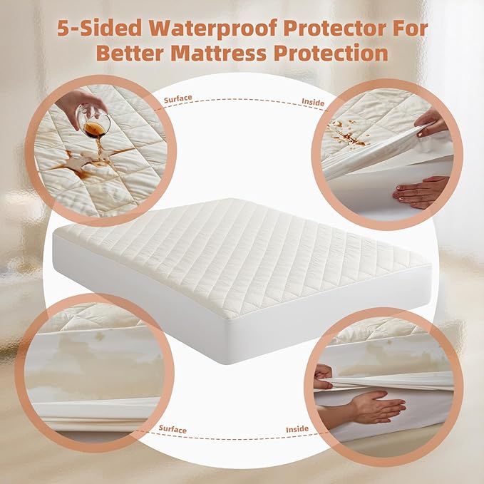 Organic Cotton Twin Mattress Protector - Top&Side 100% Waterproof Mattress Protector, Breathable Organic Mattress Protectors, Noiseless Twin Mattress Protectors Waterproof 75x39x17 in