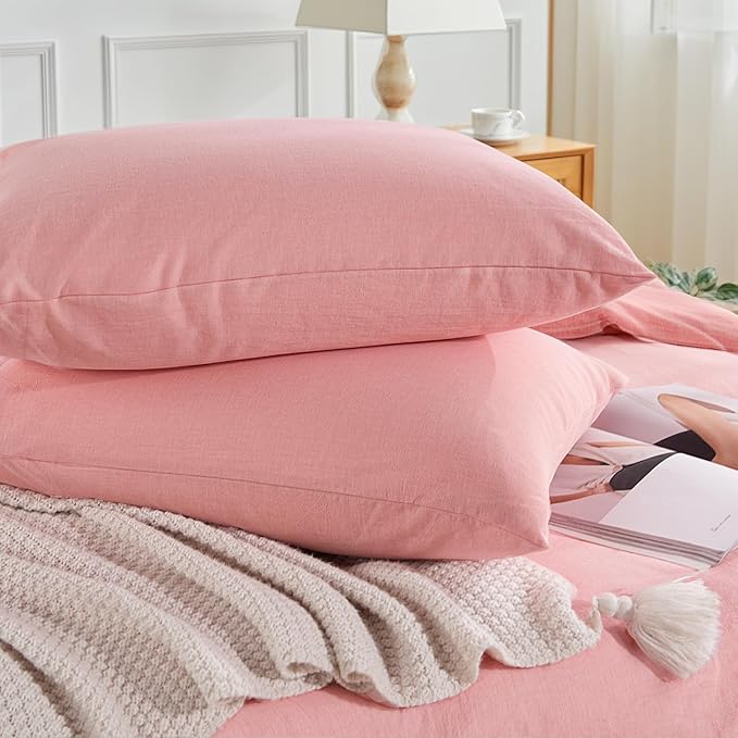 NEXHOME PRO Duvet Cover Queen 100% Washed Cotton, Organic Natural Linen Like Textured, Breathable, Durable, Home Bedding Set, Heathered Pink 9090