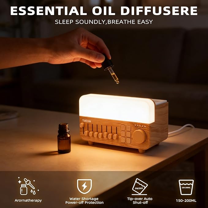 TMEHM 4-in-1 Sleep Sound Machine with White Noise & 8 Nature Sounds, Bluetooth Speaker, Night Light & Aroma Diffuser with Timer for Baby, Kids and Adults (Wood Grain Finish)