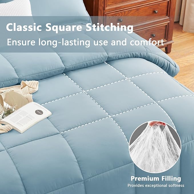 CozyLux Queen Comforter Set - 270GSM Light Blue Bedding Sets for All Seasons, 3 Pieces Box Stitched Bed Set with 1 Down Alternative Comforter and 2 Pillow Shams, Soft, Lightweight, Breathable
