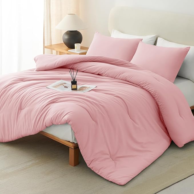 CozyLux King Size Comforter Set Pink, 3 Pieces Solid Comforters King Size Breathable Quilted Bedding Sets, Luxury Soft Lightweight Bed Set with Down Alternative Comforter and 2 Pillowcases All Season