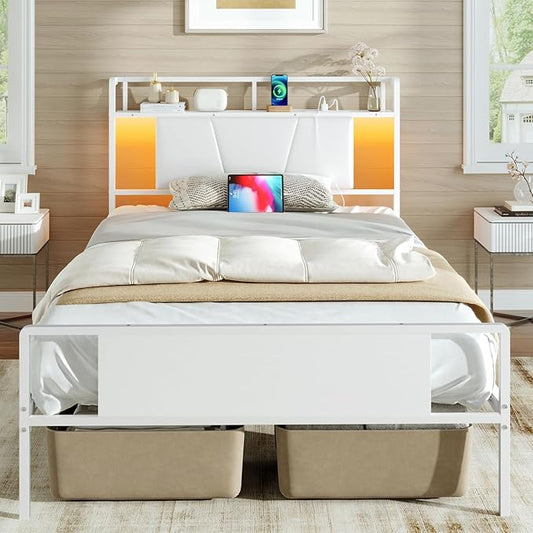 Twin Bed Frame with Charging Station, LED Bed with Under Bed Storage, Twin Size Metal Platform Bed Frames with Upholstered Headboard, No Box Spring Needed, Noise Free, Easy Assembly, White