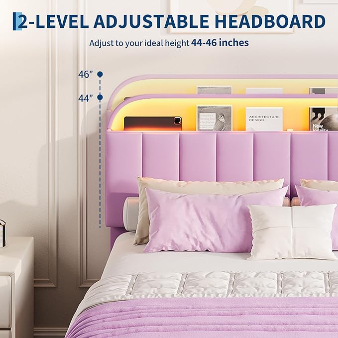 GarveeHome Full Bed Frame with Storage Headboard, Kids Bed Frame with 2 Drawers, Velvet Upholstered Platform Bed Frame with Lights, No Box Spring Needed, Easy Assembly, Velvet Purple