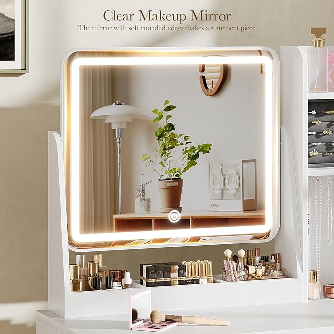 Memobarco Fluted Vanity Desk with Mirror and Lights, Small Makeup Vanity with 2 Drawers and Jewelry Storage Cabinet, 3 Lighting Modes Adjustable Brightness, Dressing Table for Bedroom - White