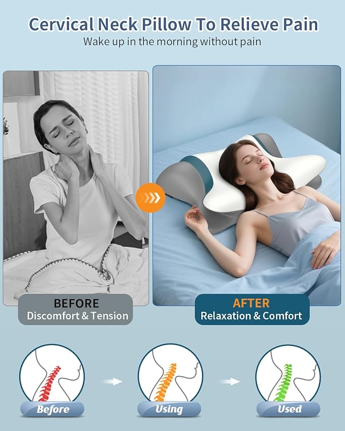 Cervical Neck Pillow for Pain Relief - Ergonomic Side Sleeper for Sleeping, Cooling Memory Foam Pillows for Neck Support, Contour Orthopedic Bed Pillow for Back Stomach Sleepers
