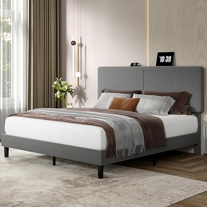 VECELO Full Size Bed Frame with Charging Station, Type-C & USB Ports, Upholstered Platform Design, No Box Spring Needed, Noise Free, Easy Assembly, Dark Grey