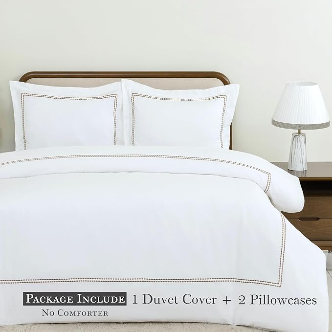 Dreamology White Duvet Cover Luxury Hotel Quality Bedding Set 100% Cotton Embroidered Duvet Covers with 2 Pillow Shams Hypoallergenic Zipper Closure 3 Pieces Duvet Set (Brown, King)