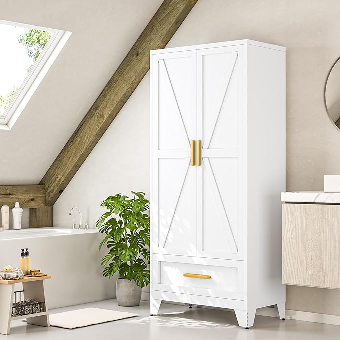 Baborokic Metal Wardrobe Cabinet,71 Armoire Wardrobe Closet with Drawers and Hanging Rod,Metal Armoire with Adjustable Shelves for Closet,Bedroom,Farmhouse Storage Cabinet with Drawer(White)