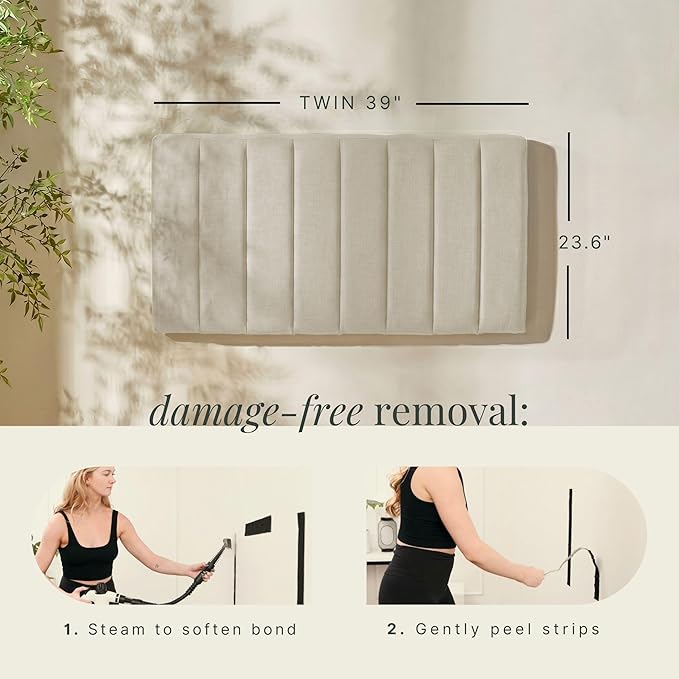 Hearth & Harbor Upholstered Twin Headboard - Easy Assemble Channel Stitched Headboard Twin Size - Wall Mounted Headboards with 3D Soundproof Wall Panels Peel & Stick Floating Headboards, Linen