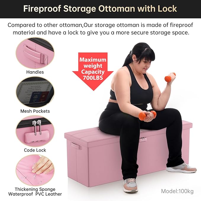 ENGPOW Storage Ottoman, Fireproof Folding Bench with Lock(15”x 43”x15”), Water-Resistant ＆ Heat Insulation Large Storage Chest with Handles＆2 Extra Spaces Safe for Living Room, Bedroom, Home, Pink