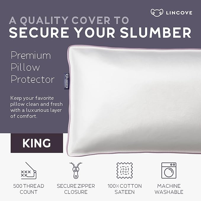 Lincove 100% Cotton Sateen Pillow Protector Cover - Zipper Pillow Cover - 500 Thread Count Luxury Cotton - Zippered Dust Pillow Protector Bed Pillow Case, King, 20”x36”