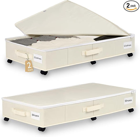 Vincona Under Bed Storage with Wheels, 2 Pack Under Bed Storage Containers with Label Holders for Clothes, Shoes and Blankets, Rolling Underbed Shoe Organizer with Cover, Beige (35.43x15.7x7.28 in)