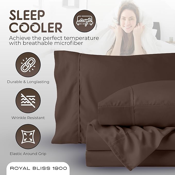 Queen Double Brushed Cooling Sheets - 4 Piece Deep Pocket Queen Size Bedding (Chocolate)