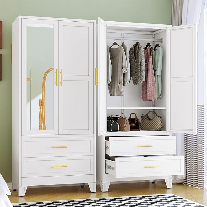 RIETERN Metal Armoire Wardrobe Closet, 71" Tall Bedroom Closet with Mirror, 2 Drawers, Adjustable Shelves, and Hanging Rod, Steel Clothes Closets and Storage, for Bedroom White