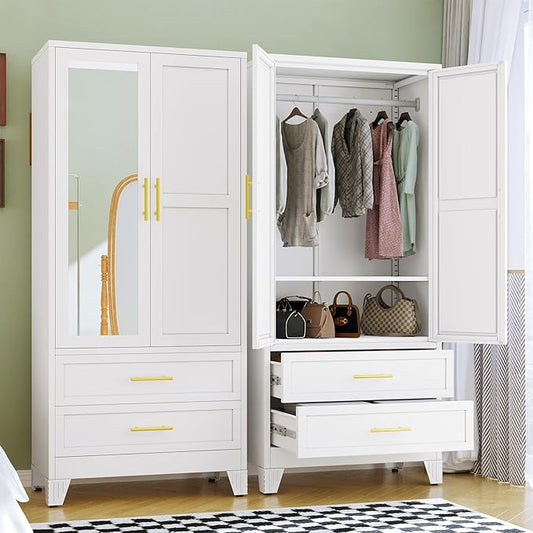 RIETERN Metal Armoire Wardrobe Closet, 71" Tall Bedroom Closet with Mirror, 2 Drawers, Adjustable Shelves, and Hanging Rod, Steel Clothes Closets and Storage, for Bedroom White