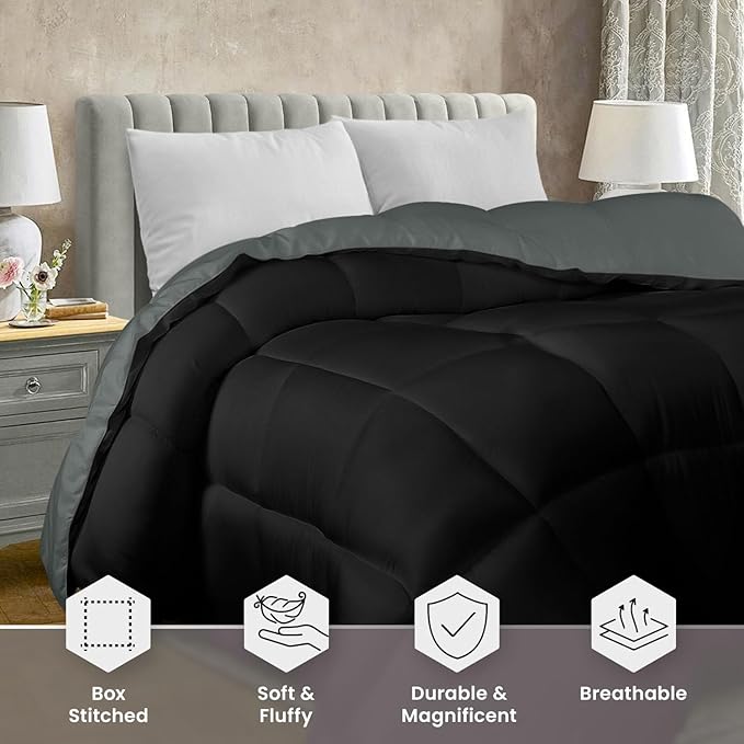 Utopia Bedding King Comforter Duvet Insert, Reversible Black/Grey Quilted Comforter with Corner Tabs, Box Stitched Down Alternative Comforters King Size 90 x 102 inches