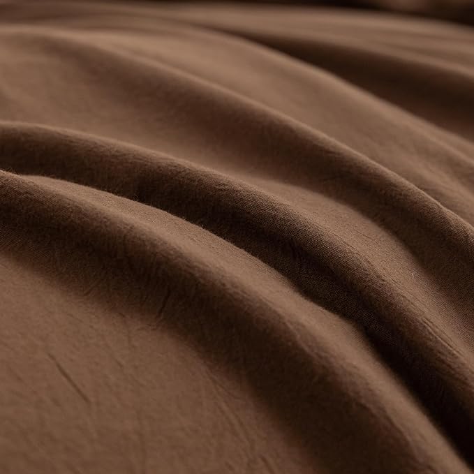 BESTOUCH Duvet Cover Set 100% Washed Cotton Linen Feel Super Soft Comfortable Chic Lightweight 3 PCs Home Bedding Set Solid Cocoa Brown Super Queen