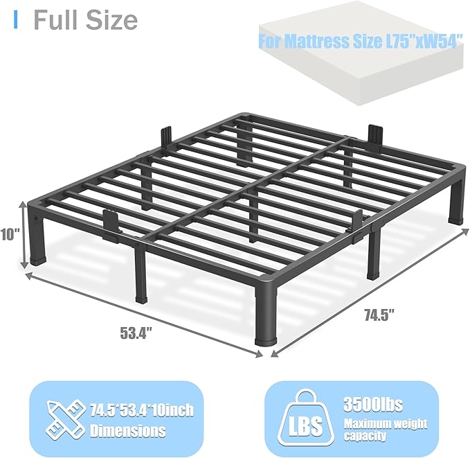 Yitong Angel 10 inch Full Size Bed Frame with Round Corner Legs Mattress Slide Stopper,Low Profile Heavy Duty Metal Platform,Steel Slat Support,No Box Spring Needed,Easy Assembly,Noise Free