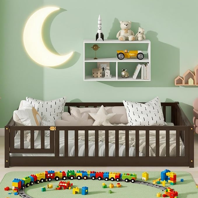 Bellemave Twin Floor Bed Frame with Slats and Safety Guardrail, Wood Twin Size Montessori Floor Bed with Door and Fence, Easy Assemble Montessori Beds for Kids, Girls, Boys, Espresso