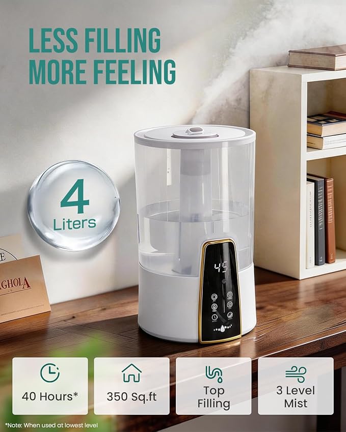 Humidifiers for Bedroom,1.06Gal(4L) Dishwasher Safe Design Easy to Clean,Top Fill,Night Light,Aroma Diffuser,Humidity Control,12H Timer,Sleep Mode,3 Level Mist,360° Nozzle,Home,Nursery,Off White