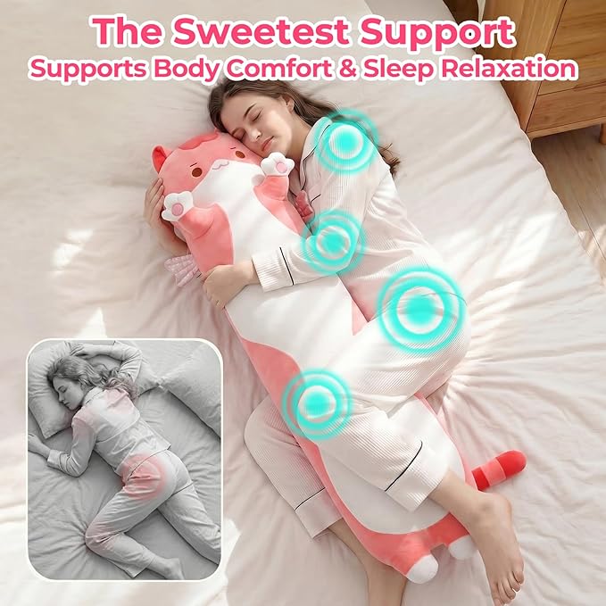 Mewaii Long Cat Plush 5 Sizes, 120% Extra Filling Giant Plushness Kids Body Pillow, Kawaii Cute Pink Cat Stuffed Animals Plushies, Big Long Body Pillow Cat Plush Gift for Girls 44”