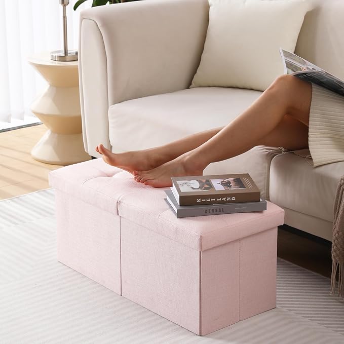Storage Ottoman Bench Foldable Seat Footrest Shoe Bench End of Bed Storage with Flipping Lid, 75L Storage Space, 30 inches Linen Fabric Pink, OT026PK